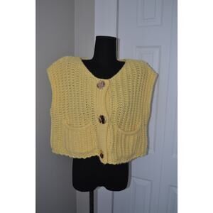 Chunky Knit Sleevelss Cropped Cardigan Sweater Vest Yellow Size Large